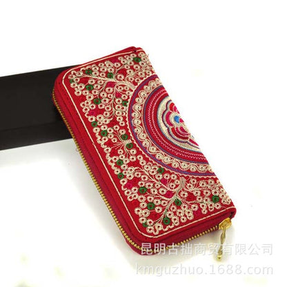Vintage Ethnic Floral Embroidered Long Zipper Wallet