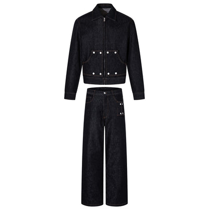 Cyberpunk Studded Crop Denim Jacket & Wide Pants Set