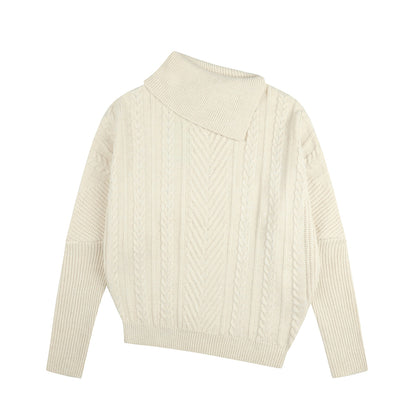 Asymmetric Fold-Collar Cable Knit Sweater
