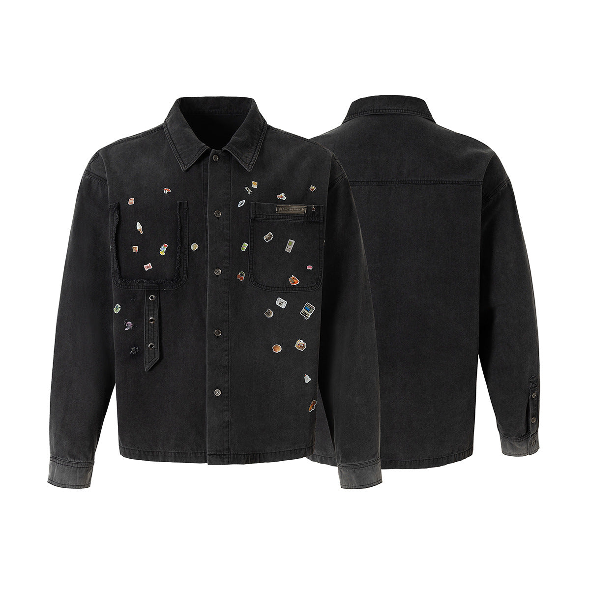 Dark Gray Pin-Embellished Washed Denim Jacket