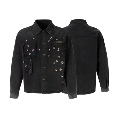 Dark Gray Pin-Embellished Washed Denim Jacket