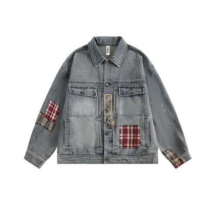 Rust Blue Plaid Patchwork Washed Denim Jacket