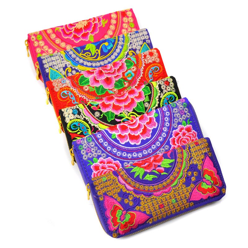 Vintage Ethnic Floral Embroidered Long Zipper Wallet