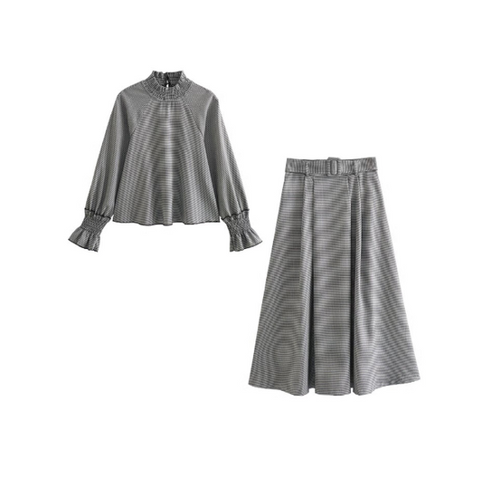 Houndstooth Mock-Neck Blouse & A-Line Belted Skirt Set