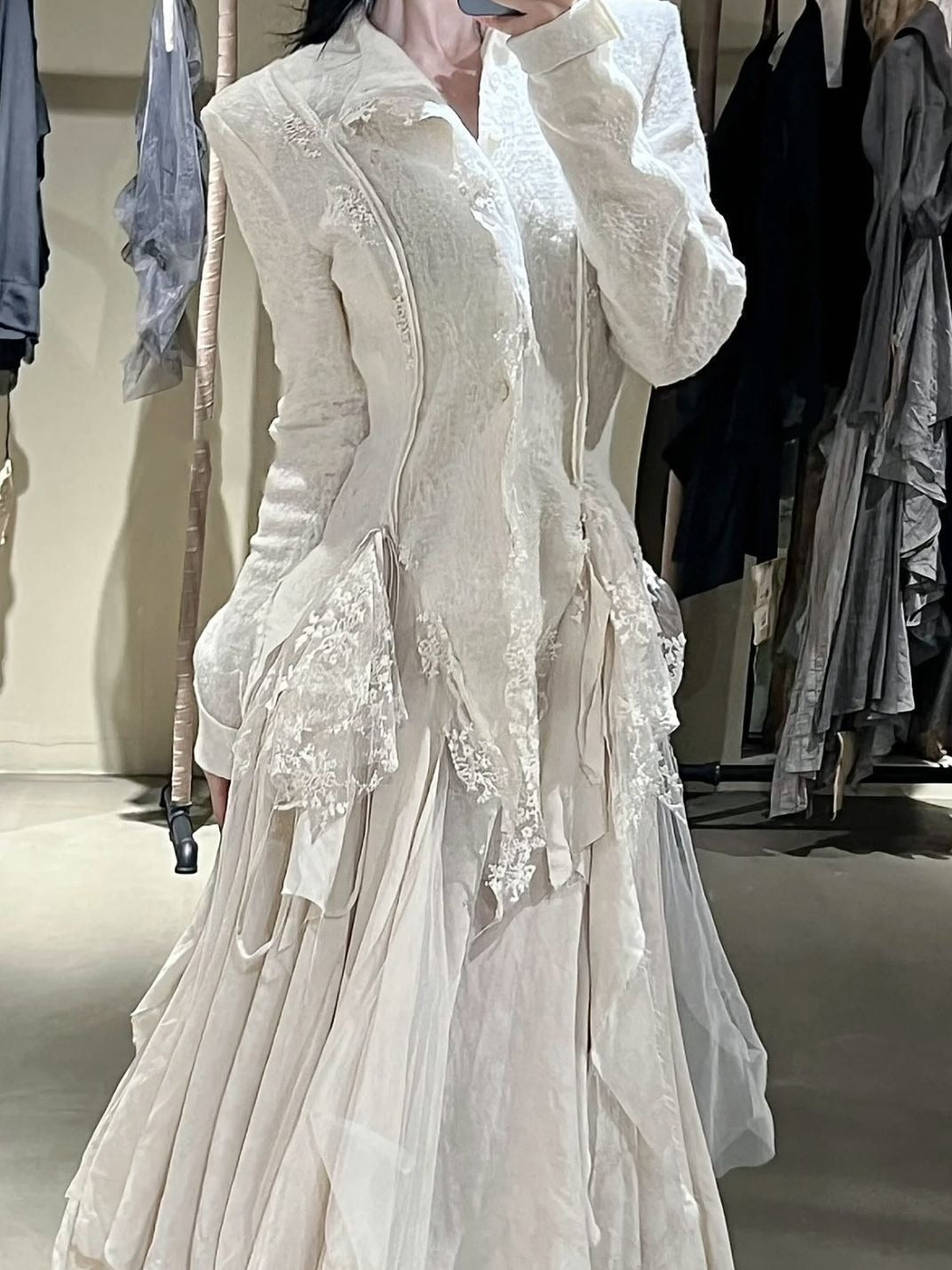 Asymmetric Lace Spliced Draped Tunic Blouse