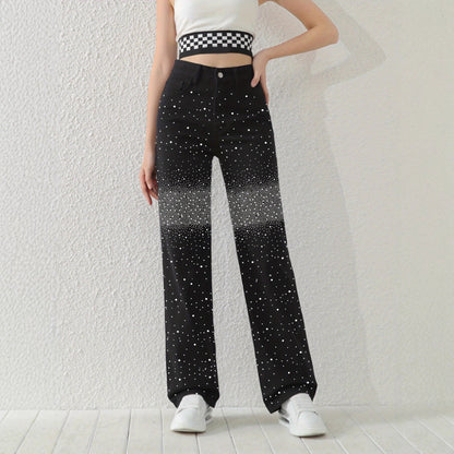 Sparkling Rhinestone High-Waist Wide-Leg Jeans