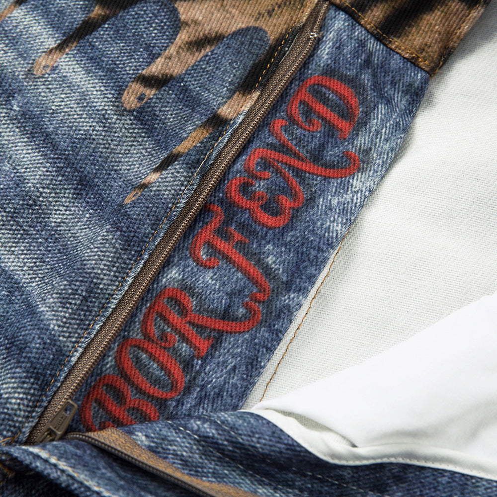 Distressed Tiger-Patch Wide-Leg Denim Jeans