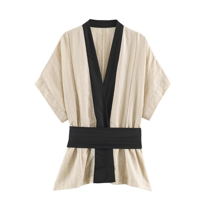 Japanese Kimono-Style Cross Wrap Top & Wide-Leg Trouser Set