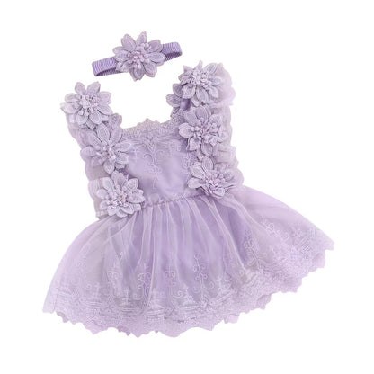 Vintage Floral Lace Baby Romper Dress & Headband Set