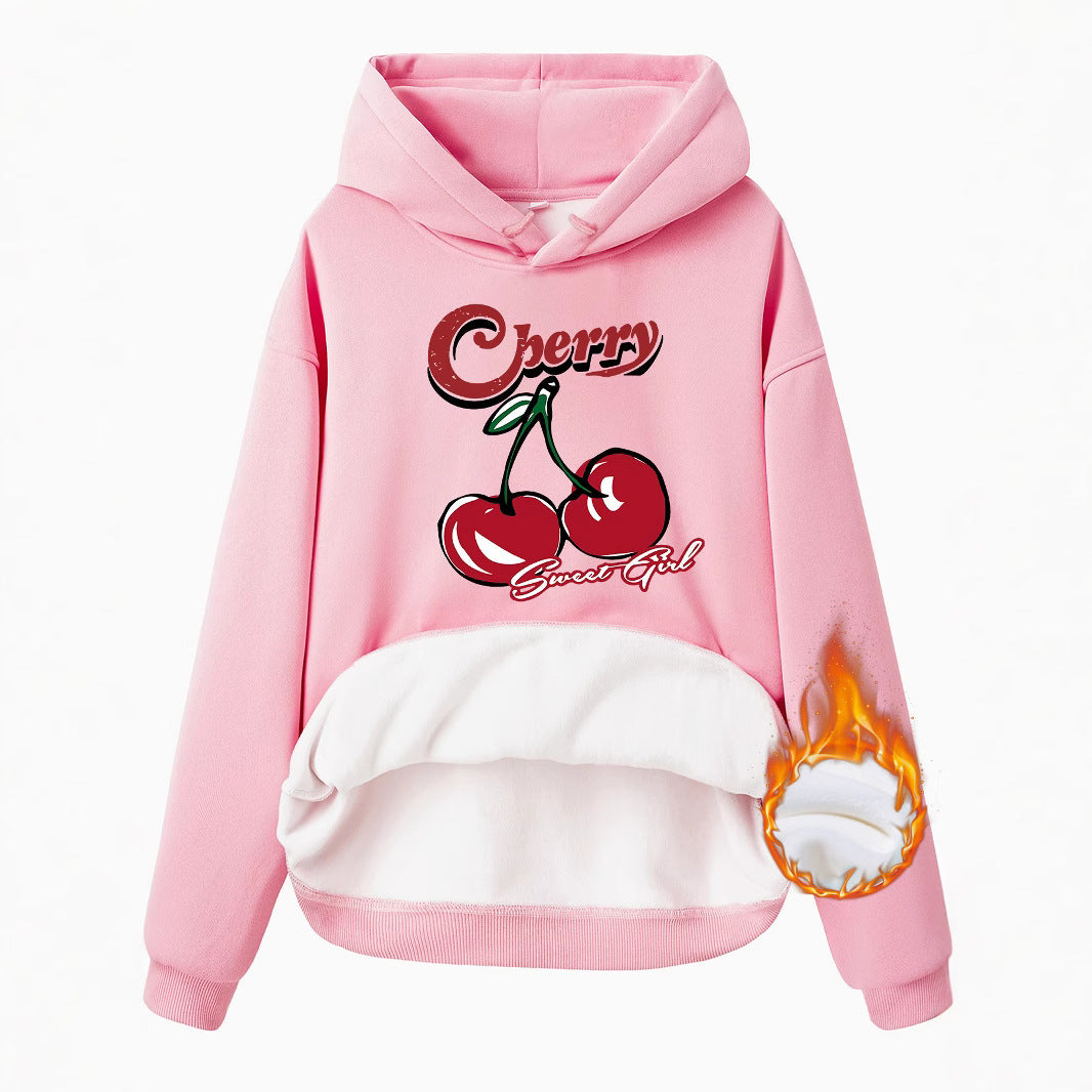 Retro Cherry Sweet Plush Fleece Hoodie