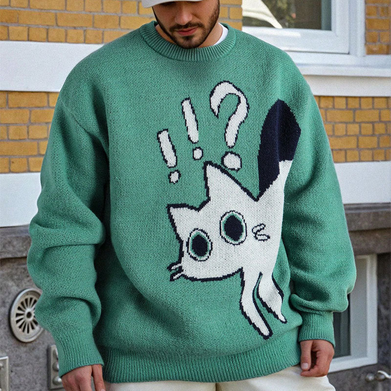 Playful Shocked Cat Graphic Oversized Knit Sweater