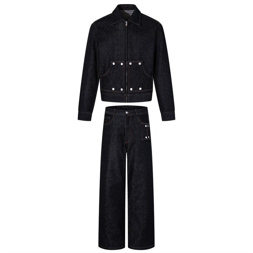 Cyberpunk Studded Crop Denim Jacket & Wide Pants Set