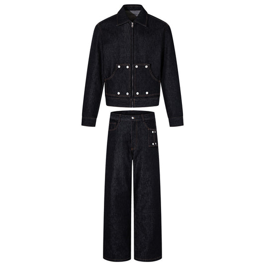 Cyberpunk Studded Crop Denim Jacket & Wide Pants Set