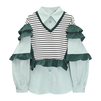 Layered Ruffle Striped Patchwork 2-in-1 Blouse