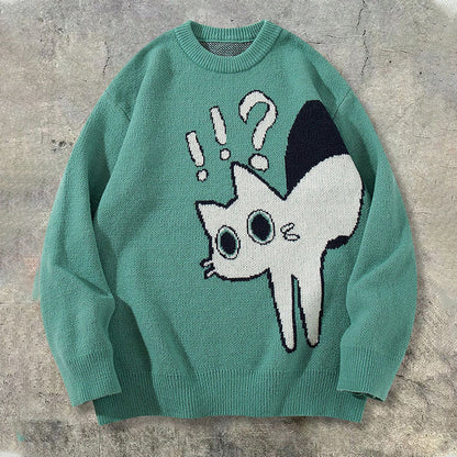 Playful Shocked Cat Graphic Oversized Knit Sweater