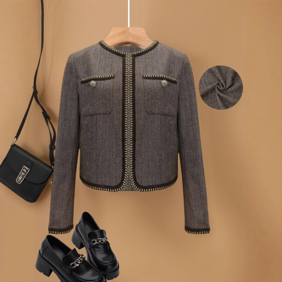 Vintage Brown Tweed Cropped Collarless Jacket