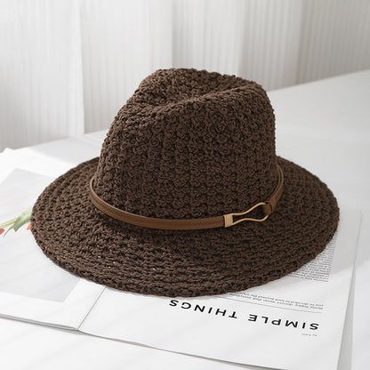 Hand-Woven Straw Fedora Sun Hat with Leatherette Band