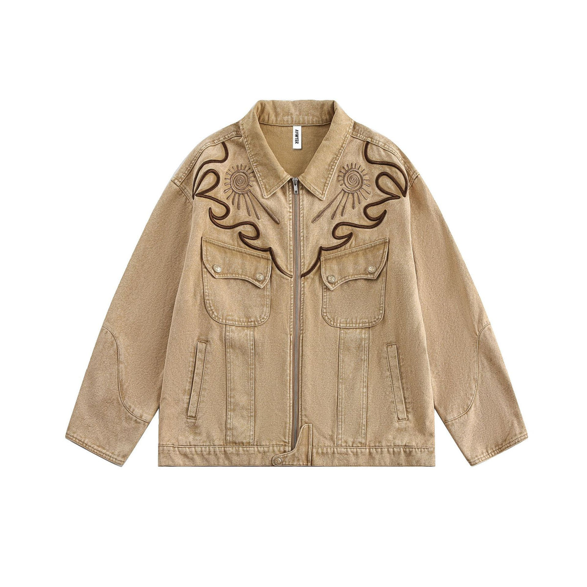 Khaki Celestial Sun Embroidered Denim Jacket