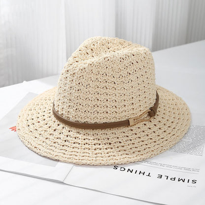 Hand-Woven Straw Fedora Sun Hat with Leatherette Band