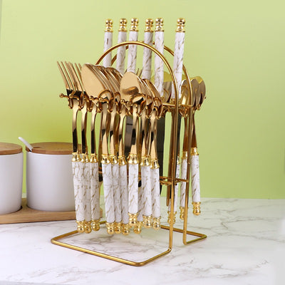 410 stainless steel knife, fork, spoon set, European style hotel Western tableware, golden dessert spoon set, 24 pieces