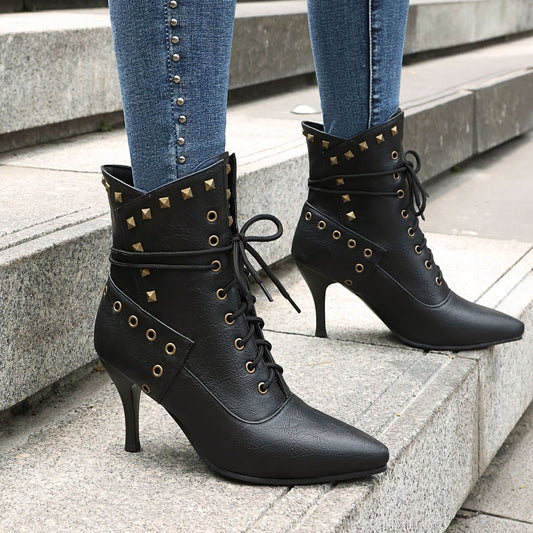 Studded Pointed-Toe Lace-Up Heeled Ankle Boots