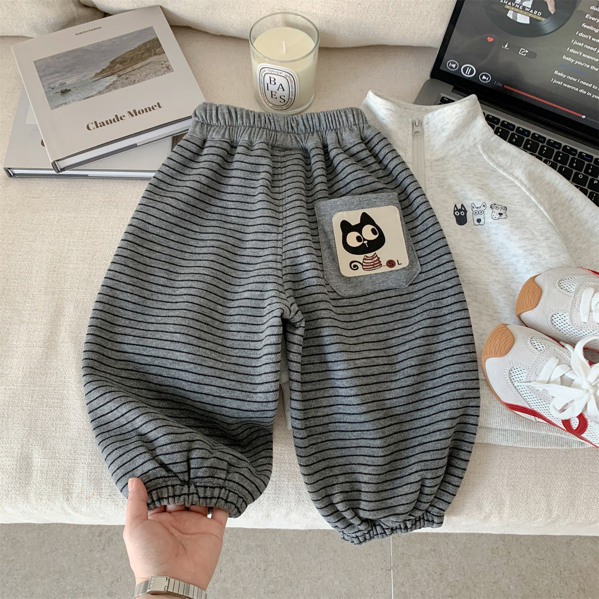 Cartoon Cat Patchwork Striped Knit Joggers