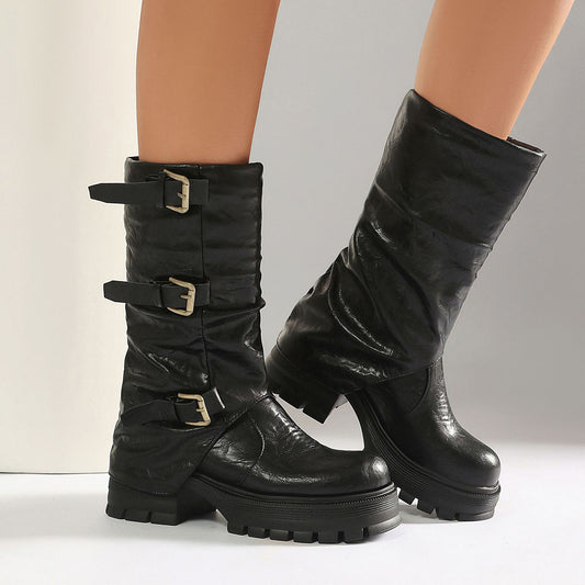 Triple Buckle Slouchy Platform Biker Boots