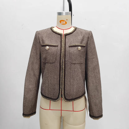 Vintage Brown Tweed Cropped Collarless Jacket