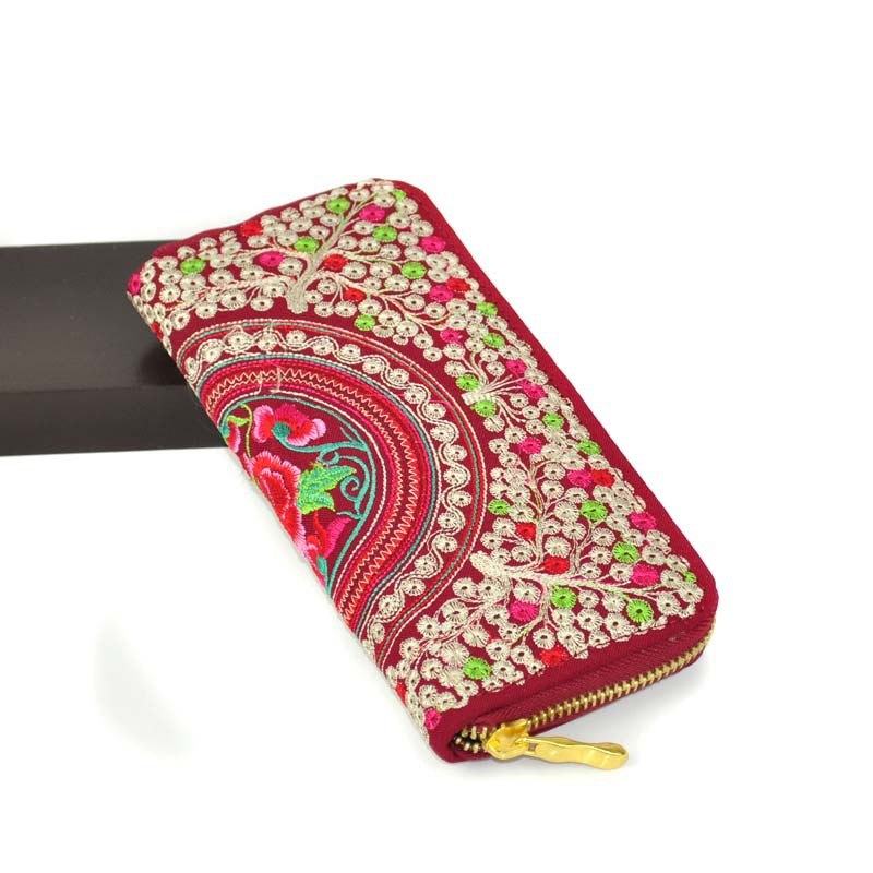 Vintage Ethnic Floral Embroidered Long Zipper Wallet
