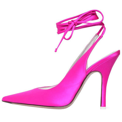 Silk Pointed-Toe Ankle Lace-Up Stiletto Sandals