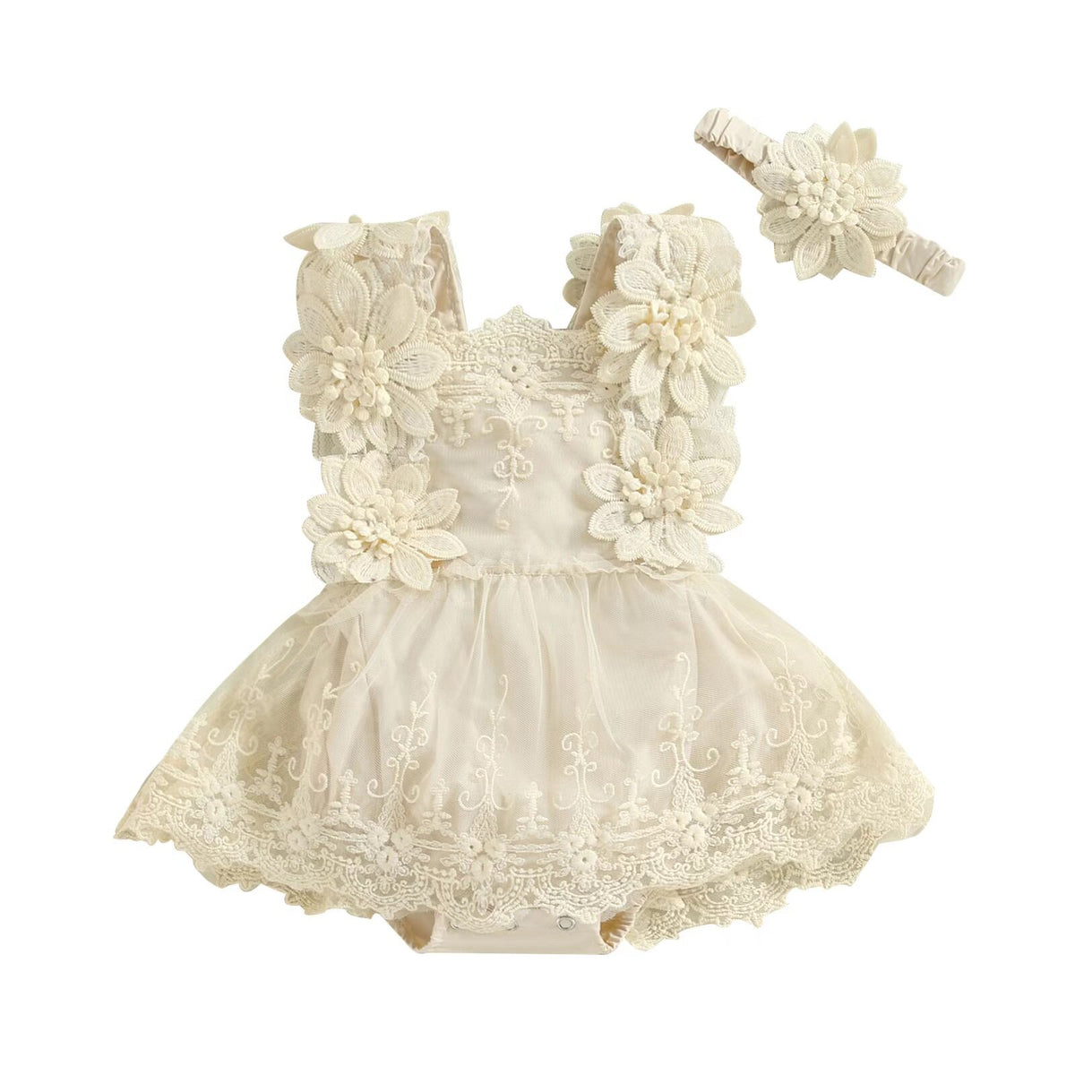 Vintage Floral Lace Baby Romper Dress & Headband Set