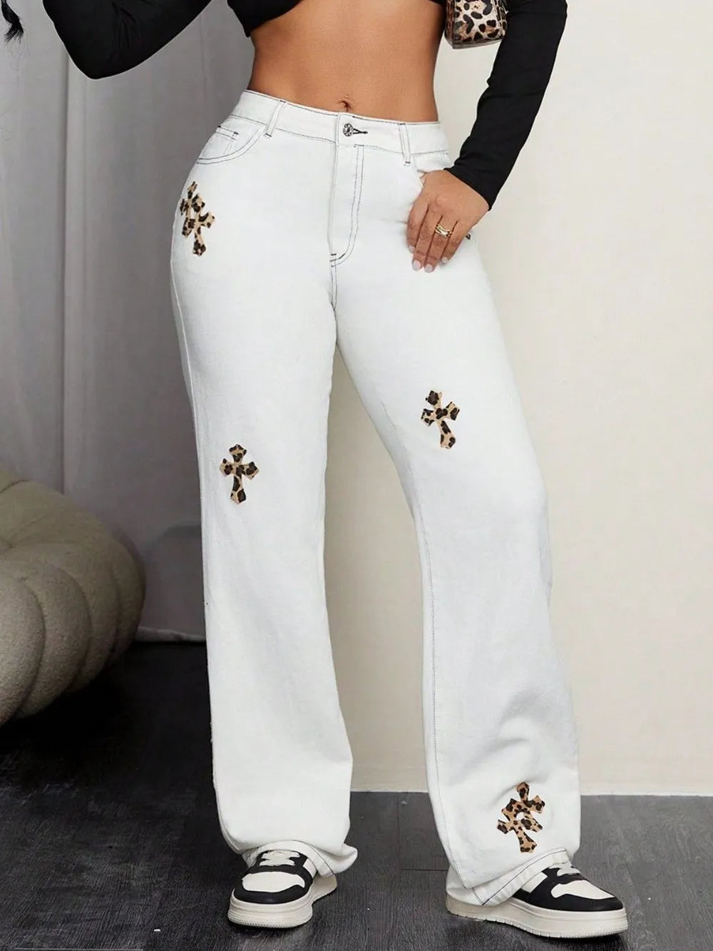 Leopard Patchwork Cross Straight-Leg Jeans