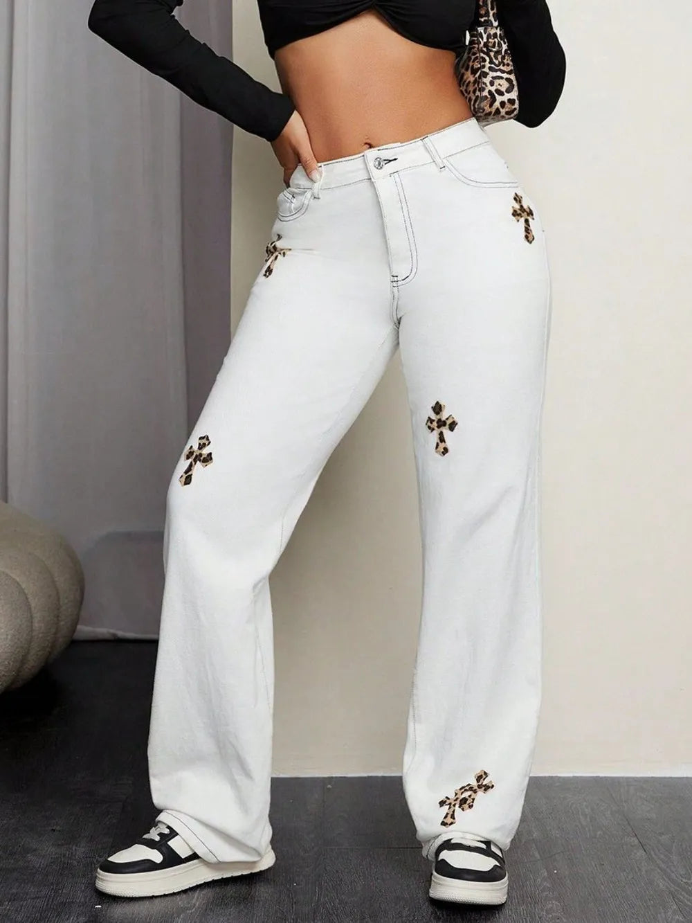 Leopard Patchwork Cross Straight-Leg Jeans
