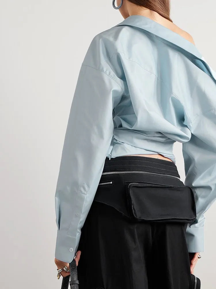 Asymmetric Off-the-Shoulder Draped Poplin Blouse