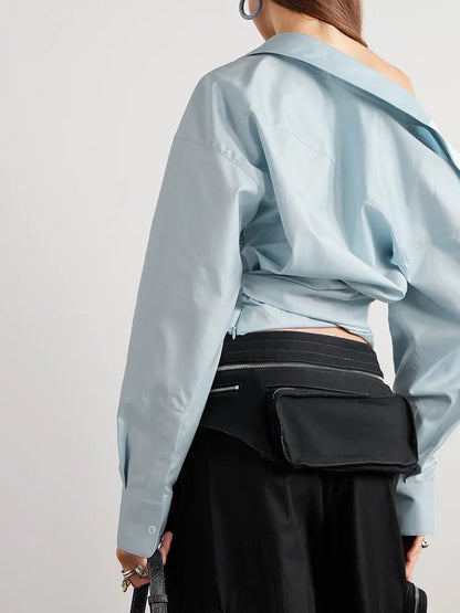 Asymmetric Off-the-Shoulder Draped Poplin Blouse