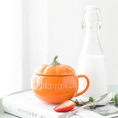 1pc Cute Coffee Mug Ceramic Cup Drinking Cup with Lid Milk Mugs Breakfast Oatmeal Cup Funny Pumpkin Cup Halloween Gift