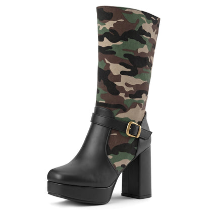 Camouflage Platform Block-Heeled High Boots