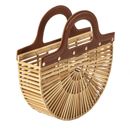 Artisanal Half-Moon Bamboo Slatted Beach Tote