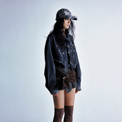 Dark Gray Pin-Embellished Washed Denim Jacket
