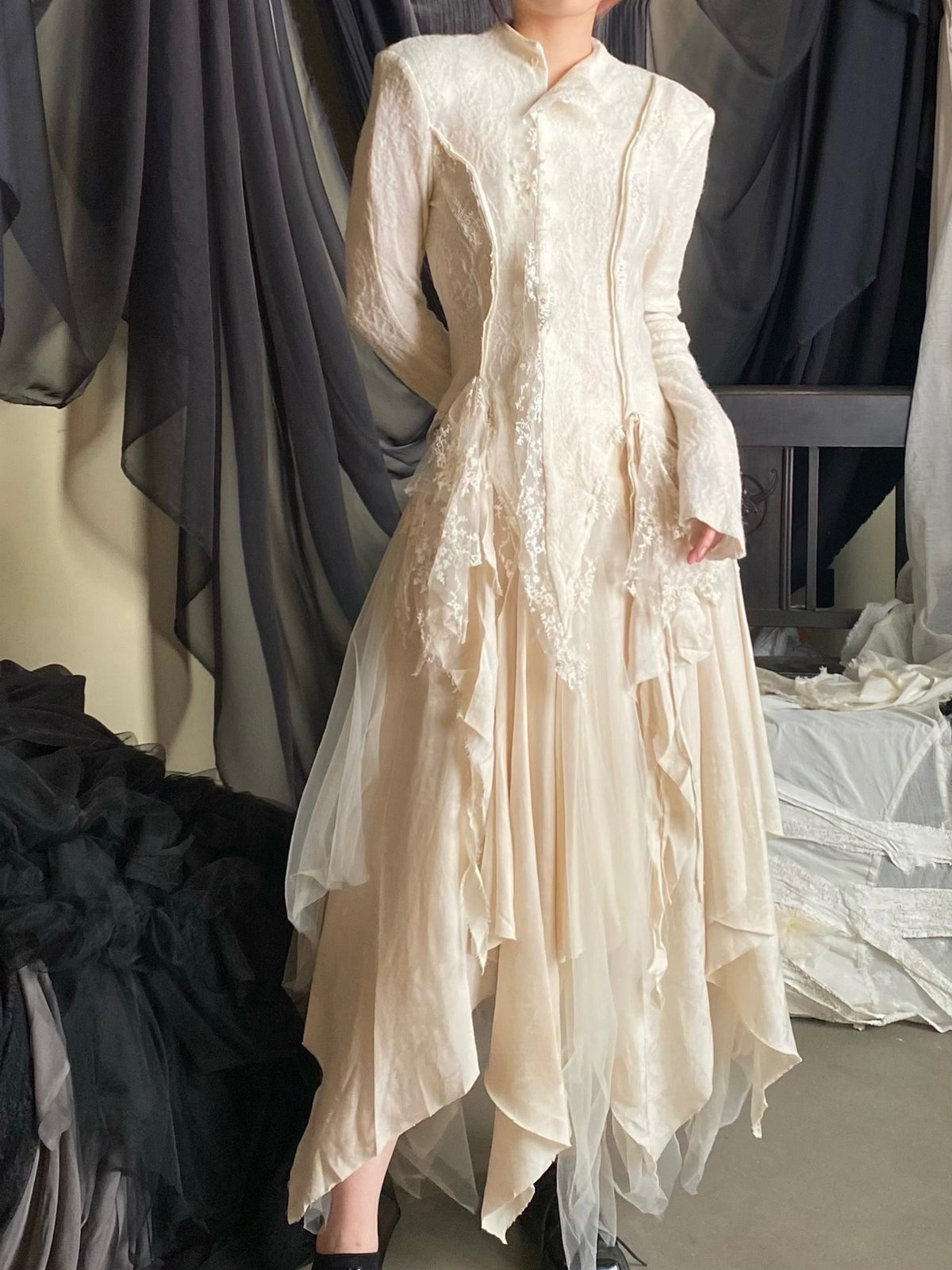 Asymmetric Lace Spliced Draped Tunic Blouse
