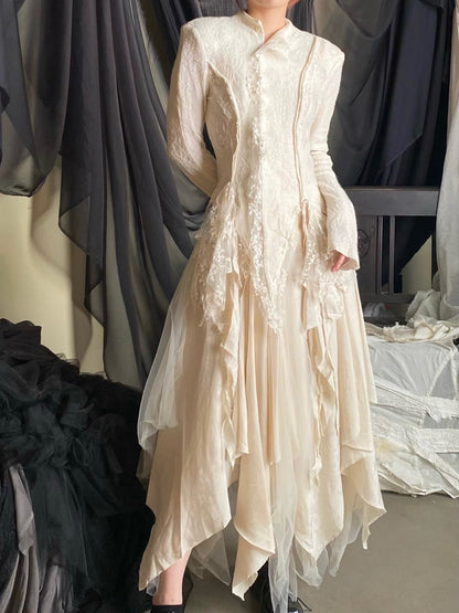 Asymmetric Lace Spliced Draped Tunic Blouse