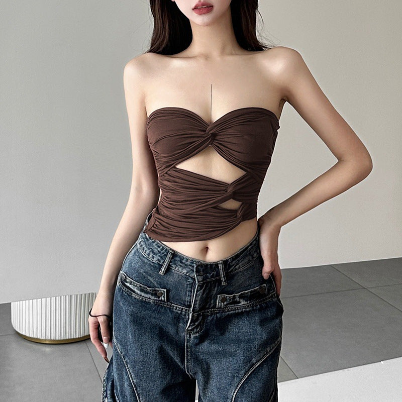 Twisted Front Pleated Cut-Out Crop Top