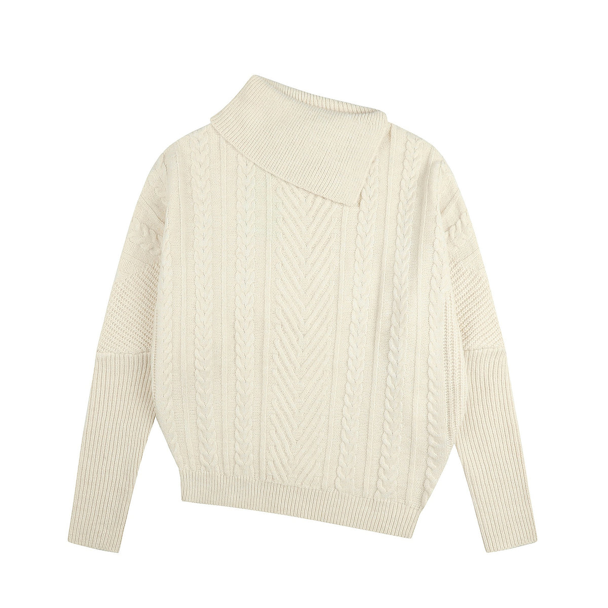 Asymmetric Fold-Collar Cable Knit Sweater
