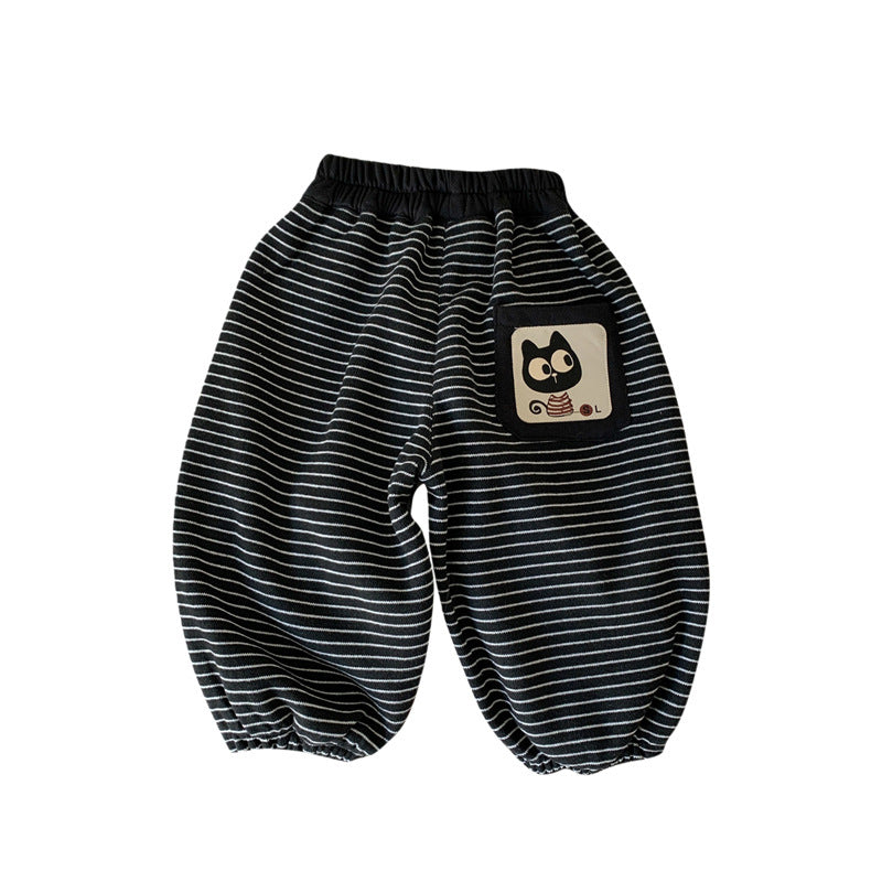 Cartoon Cat Patchwork Striped Knit Joggers