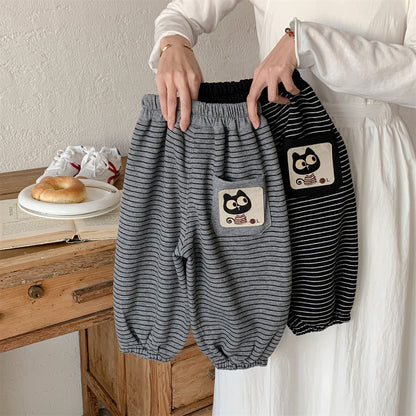 Cartoon Cat Patchwork Striped Knit Joggers