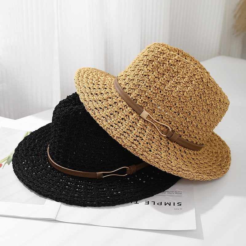 Hand-Woven Straw Fedora Sun Hat with Leatherette Band