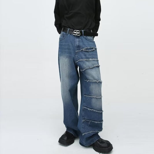 Vintage American Retro Raw-Hem Patchwork Wide-Leg Jeans
