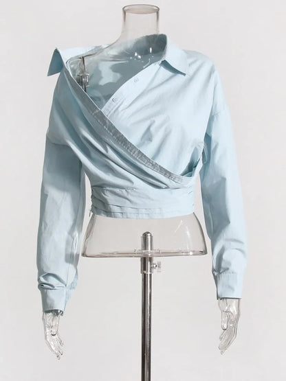 Asymmetric Off-the-Shoulder Draped Poplin Blouse