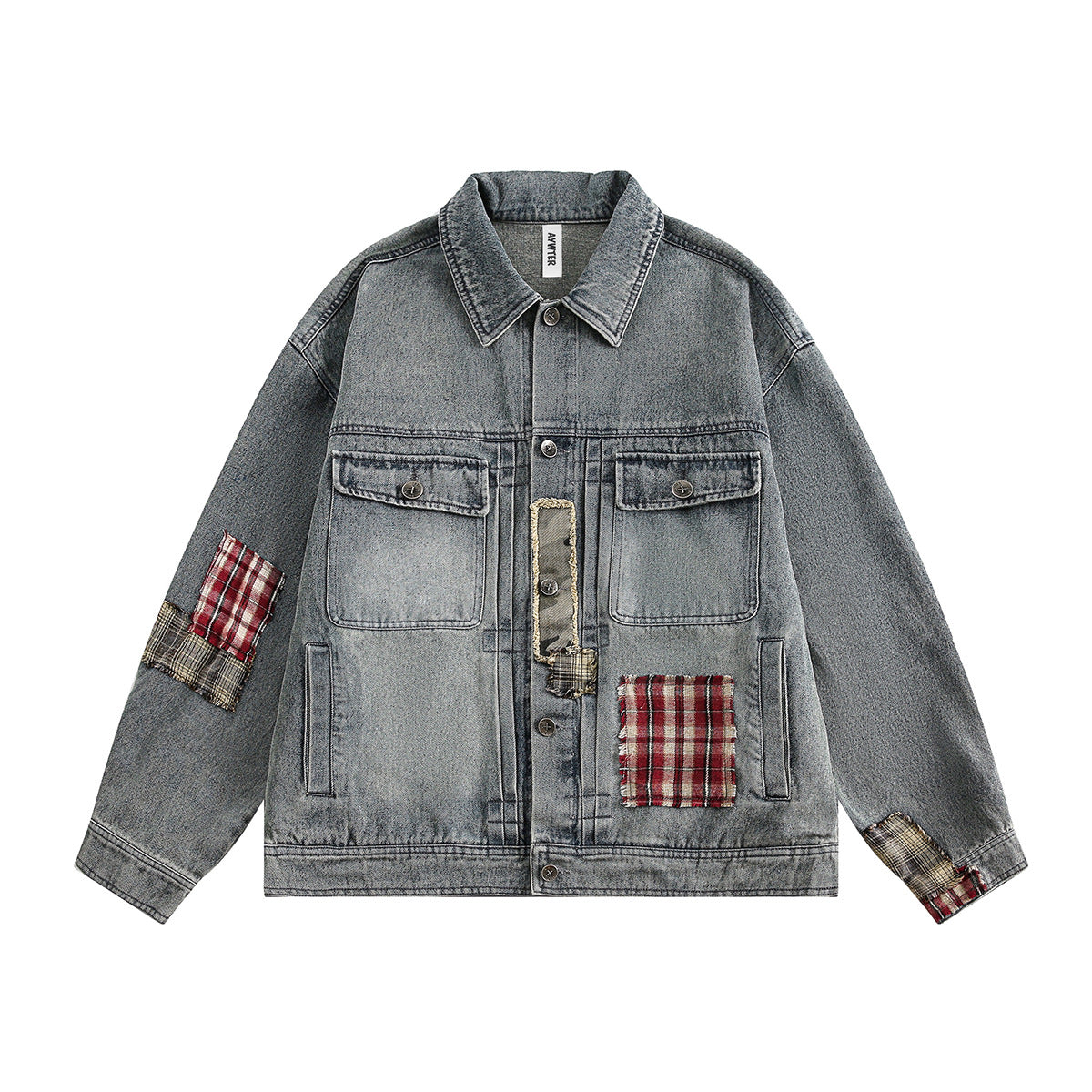 Rust Blue Plaid Patchwork Washed Denim Jacket