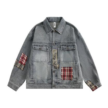 Rust Blue Plaid Patchwork Washed Denim Jacket